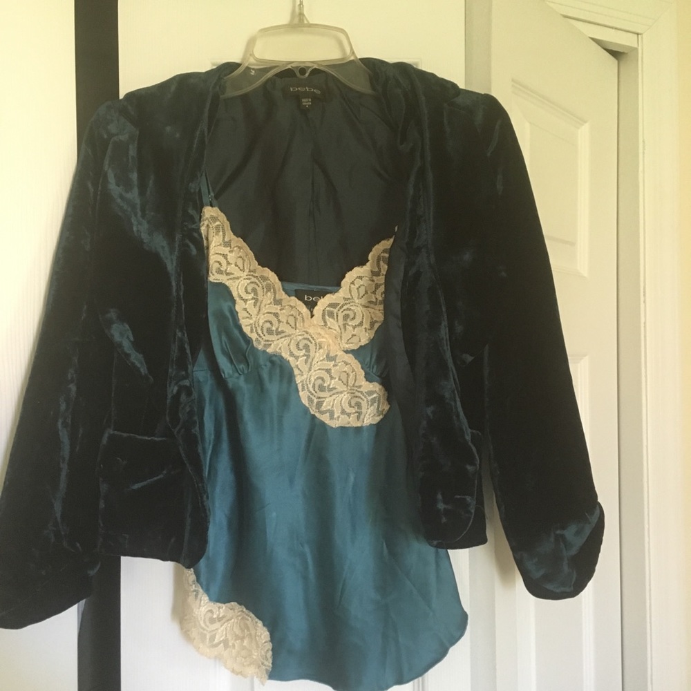 Bebe teal set, camisole small, velvet jacket  4.